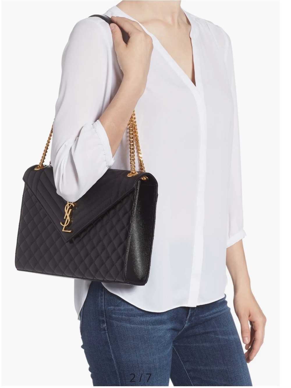 Saint Laurent Black Quilted Envelope Shoulder Bag with Gold Chain